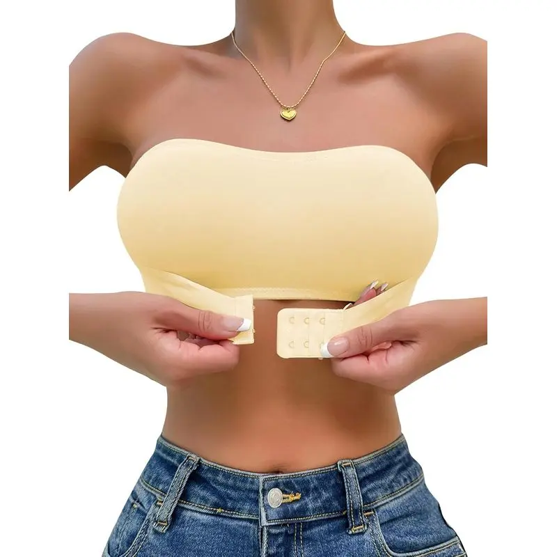 OYOANGLE Women's Polyamide Strapless Back Bandeau Bra - Front Closure, Non-Slip, Wireless, Seamless, Push Up Shape, Removable Padding, Machine Wash Underwear, Basic, Minimalist