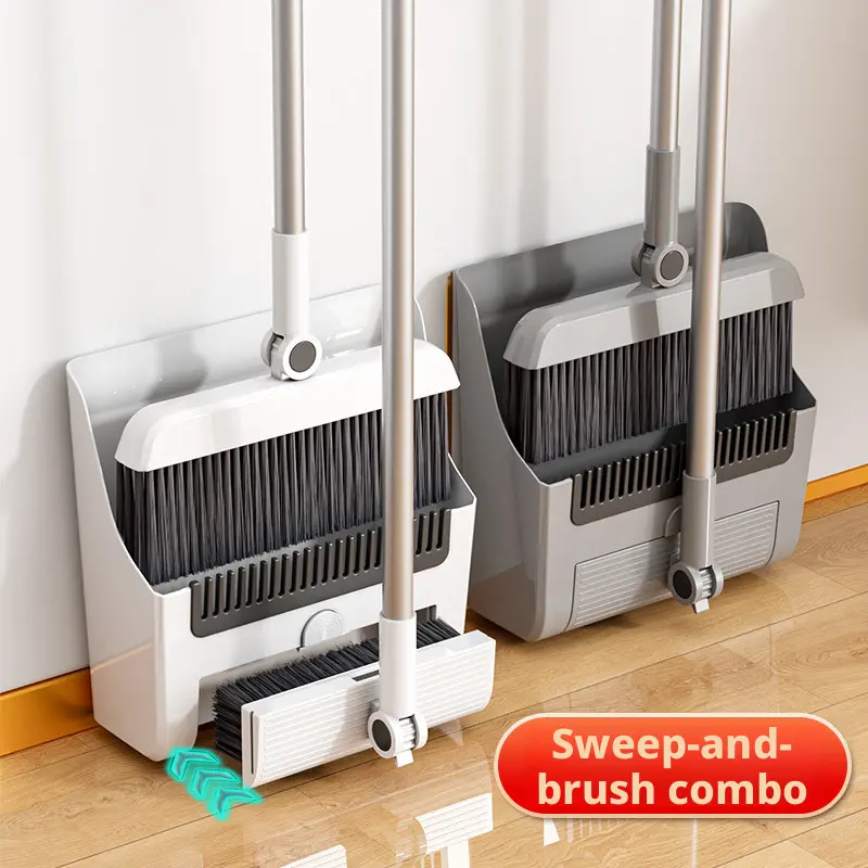 Broom and dustpan combination set, a 2-in-1 or 3-in-1 multi-functional household cleaning set with soft bristles. It can stand upright, fold for storage, and doesn’t attract hair, allowing for easy cleaning with a single swipe.
