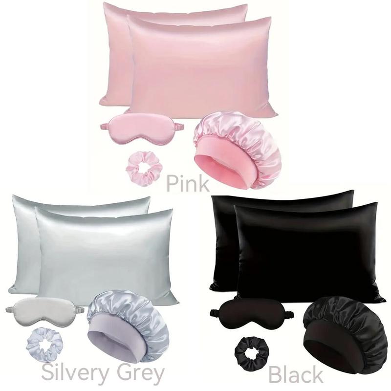 Satin Soft Sleep Set, Including 2pcs Silky Pillowcases, 1pc Breathable Hair Bonnet, 1pc Adjustable Weighted Sleep Eye Mask and 1pc Hair Scrunchie, Simple and Comfortable Bedding Sleep Aid Set, Sleeping Eye Mask