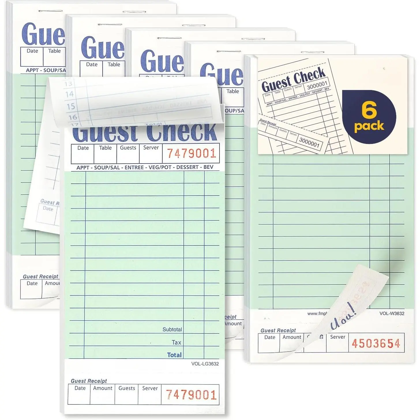 Guest Checks Pads 6 Pack 300 Orders, Server Note Pads, Light Green Guest Check for Servers, Waitress Notepad, Restaurant Order Pads Paper 50 Sheets/Book, Server Accessories