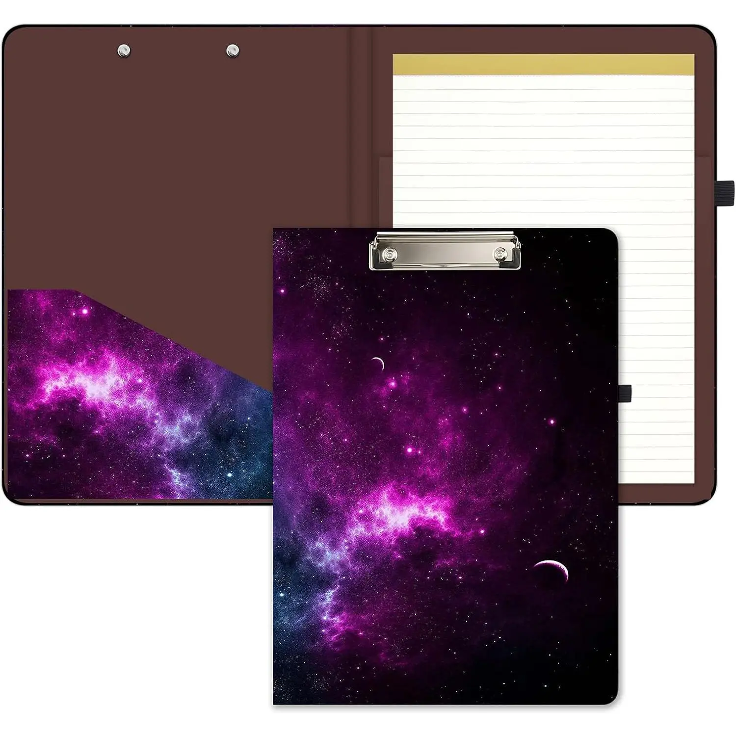 Folio Clipboard with Refillable Lined Pad, Folded 12.8x9.2" Clip Board - Full Print, Gloss Laminate, Interior Storage Pocket, 8.5x11 Size, for Students, Office Use, Cute Custom Moon Design, Refillable Pad