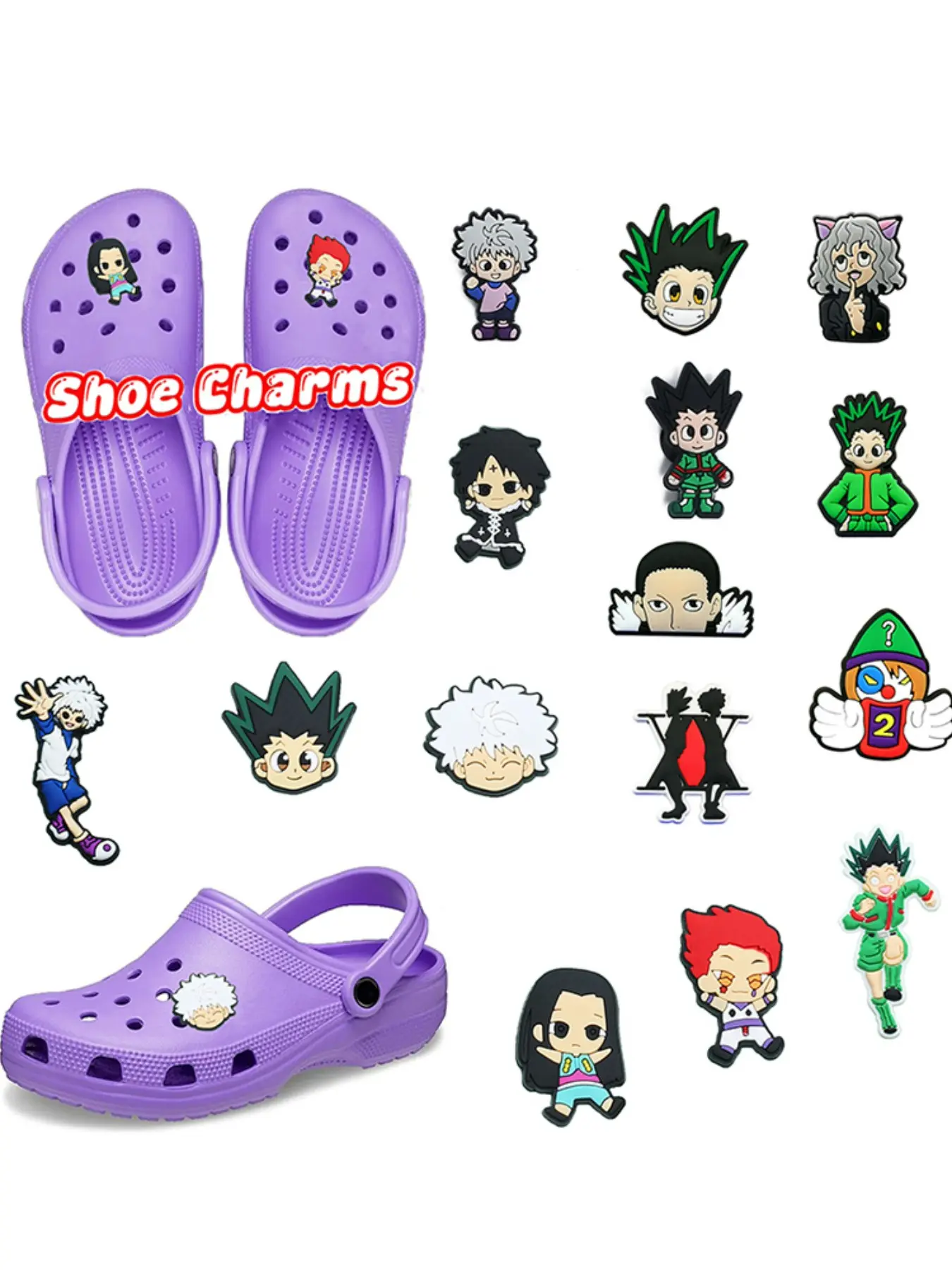 15pcs Hunter×Hunter Cartoon PVC Crocs Shoe Accessories, Cute Sandal Wristbands, Party Gifts, All Seasons, Fun Decorations