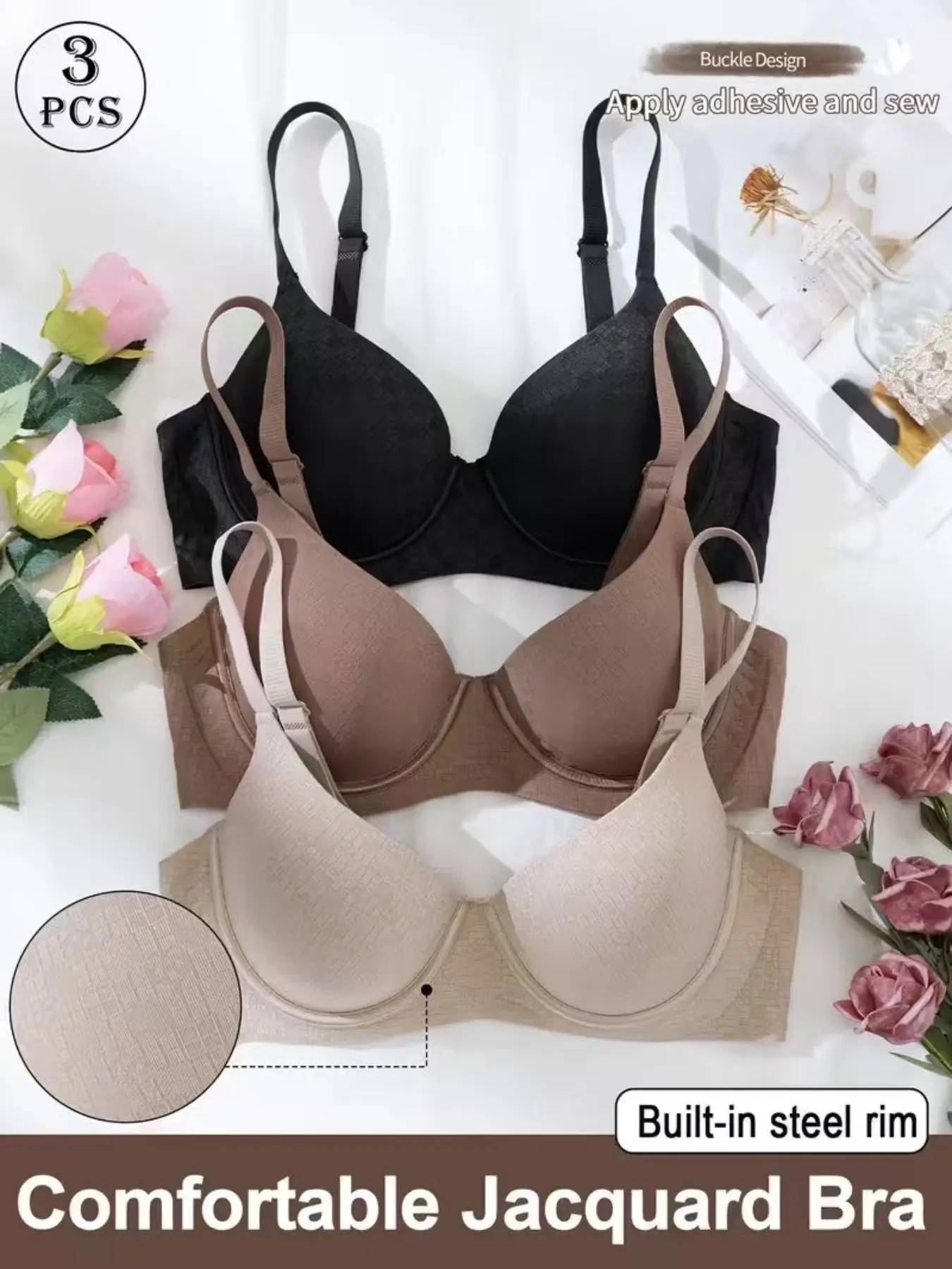 3pcs Women's Seamless Bras, Underwire Jelly Fabric, Adjustable Straps, Soft Comfortable, Daily Wear, Max Support, Slim-Fitting, Casual