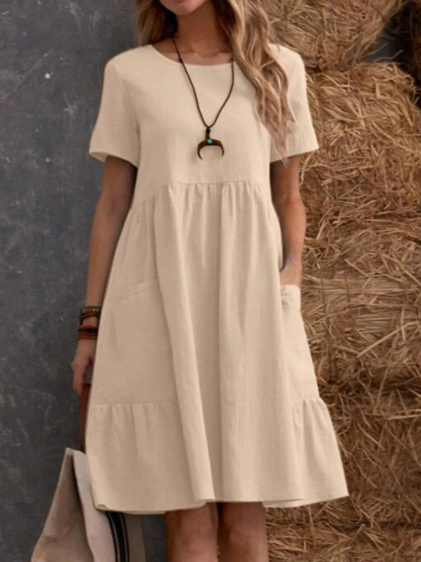 Summer Cotton Linen Casual Midi Dress, Breathable Loose Short Sleeve, Round Neck Tiered Ruffle with Pockets, Comfy for Vacation Picnic Brunch