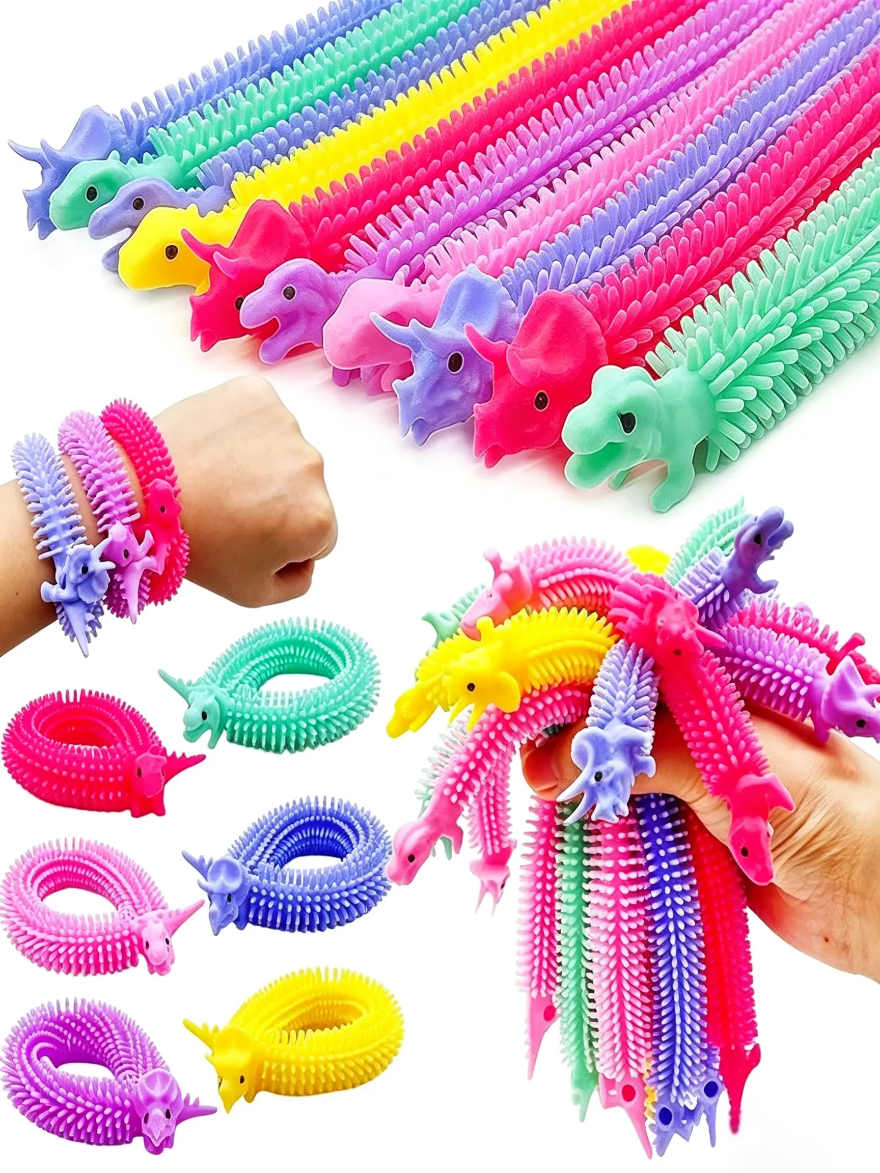 6 Pack Dinosaur Stretchy Noodle Bracelets, Sensory Stretch Fidget Strings, Stress Relief Textured Pull Bracelets for Kids & Adults, Party Favors, Christmas Stocking Stuffers