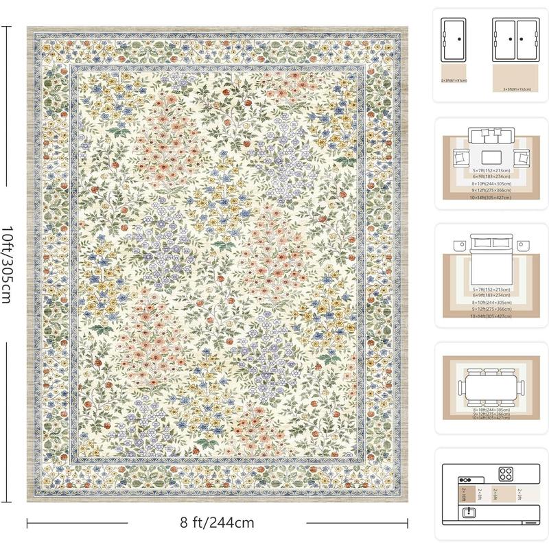 8x10 Area Rugs, Machine Washable Low Pile Floral Faux Cashmere Rugs for Living Room, Bedroom, Large Boho Area Faux Cashmere Rug with Non-Slip Backing for Dining Room(Beige Floral)