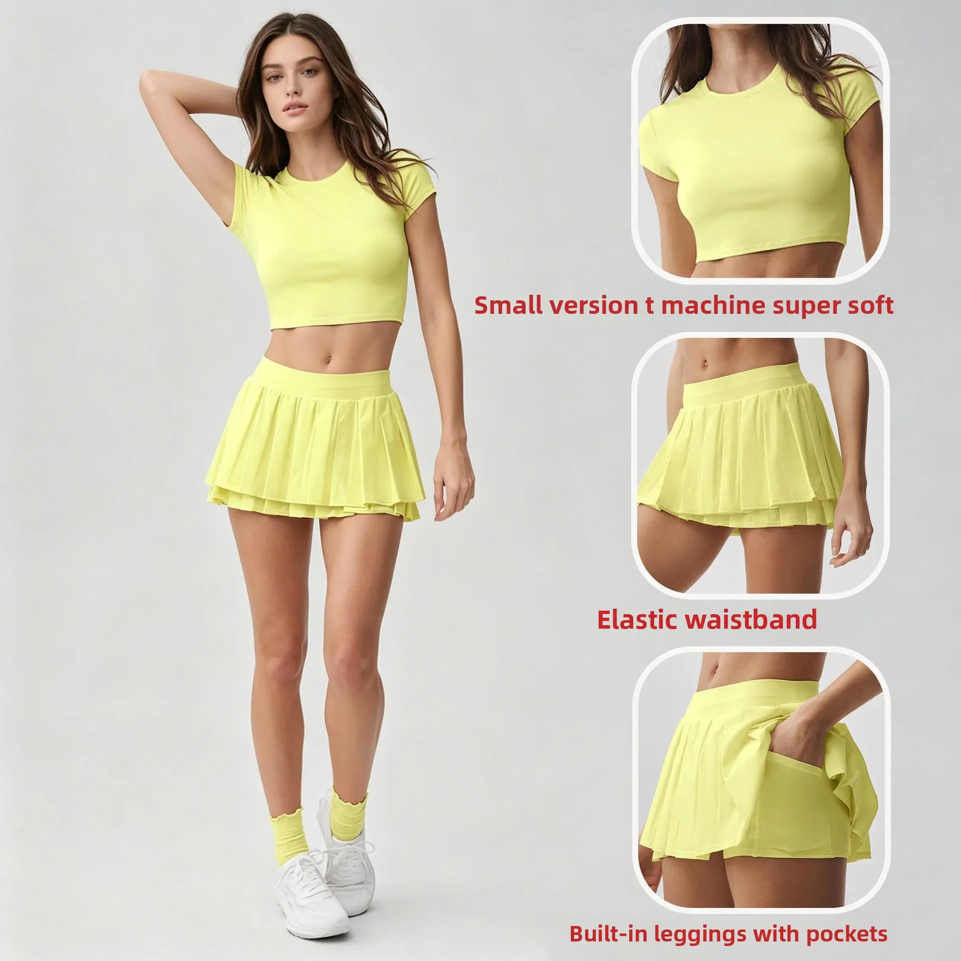 Women's 2 Piece Tennis Skirt Set Short Sleeve Crop Top & High Waisted Pleated Skort with Built-In Shorts Pocket, Stretch Athletic Outfit for Yoga, Tennis, Pickleball, Golf, Running & Workout