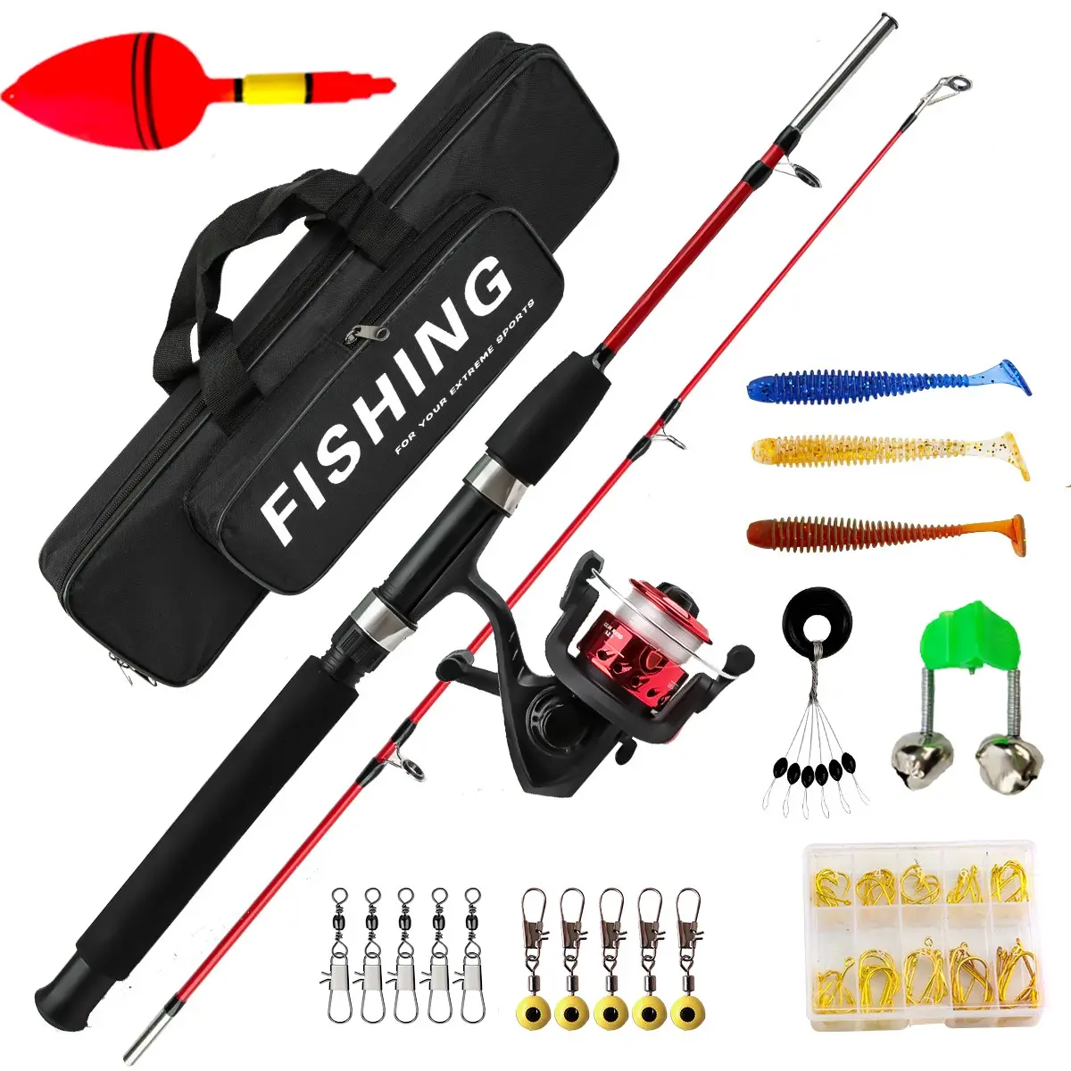 1m (3.3 ft) 2-Piece Lure Rod Combo – Solid Travel Rod with Pre-Spooled Reel, Floats, Soft Lures, Hooks & Double-Layer Carry Bag, Portable Fishing Kit