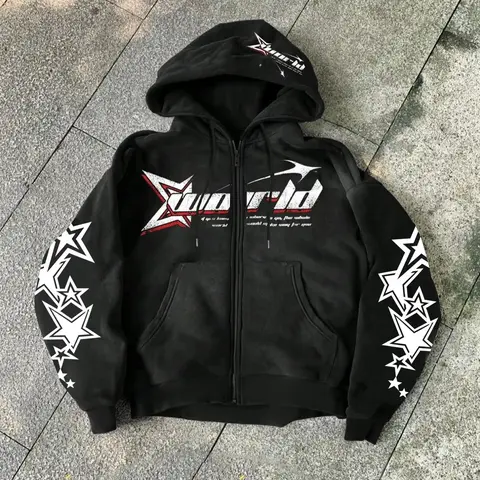 Men's Loose-Fitting Zipper Hooded Jacket, Letter and Star, Trendy Casual Outerwear for All Seasons, Men's Comfortable Sweatshirt Jacket, Casual Streetwear
