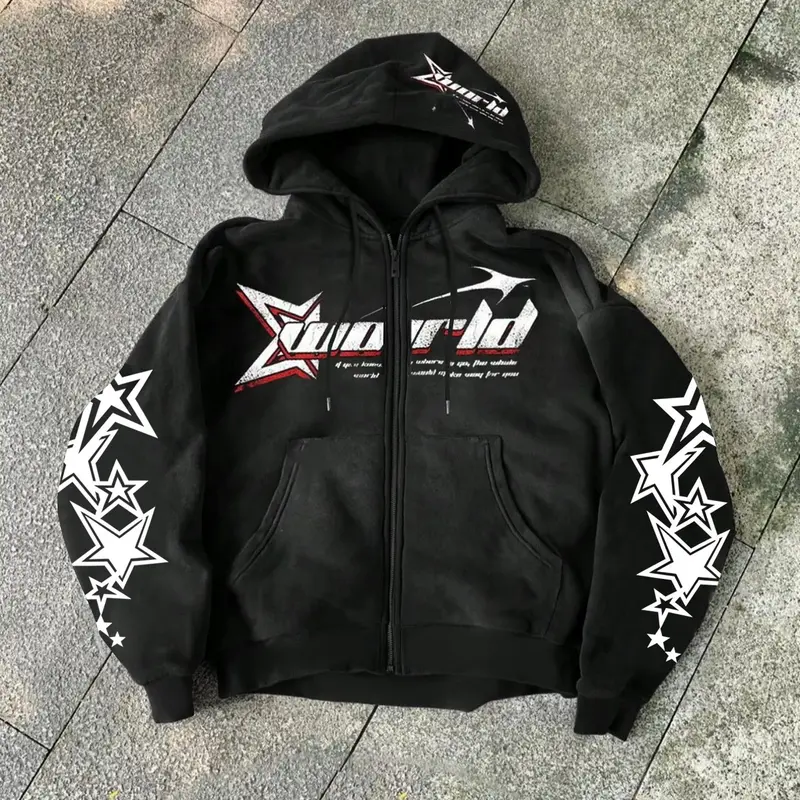 Men's Loose-Fitting Zipper Hooded Jacket, Letter and Star, Trendy Casual Outerwear for All Seasons, Men's Comfortable Sweatshirt Jacket, Casual Streetwear