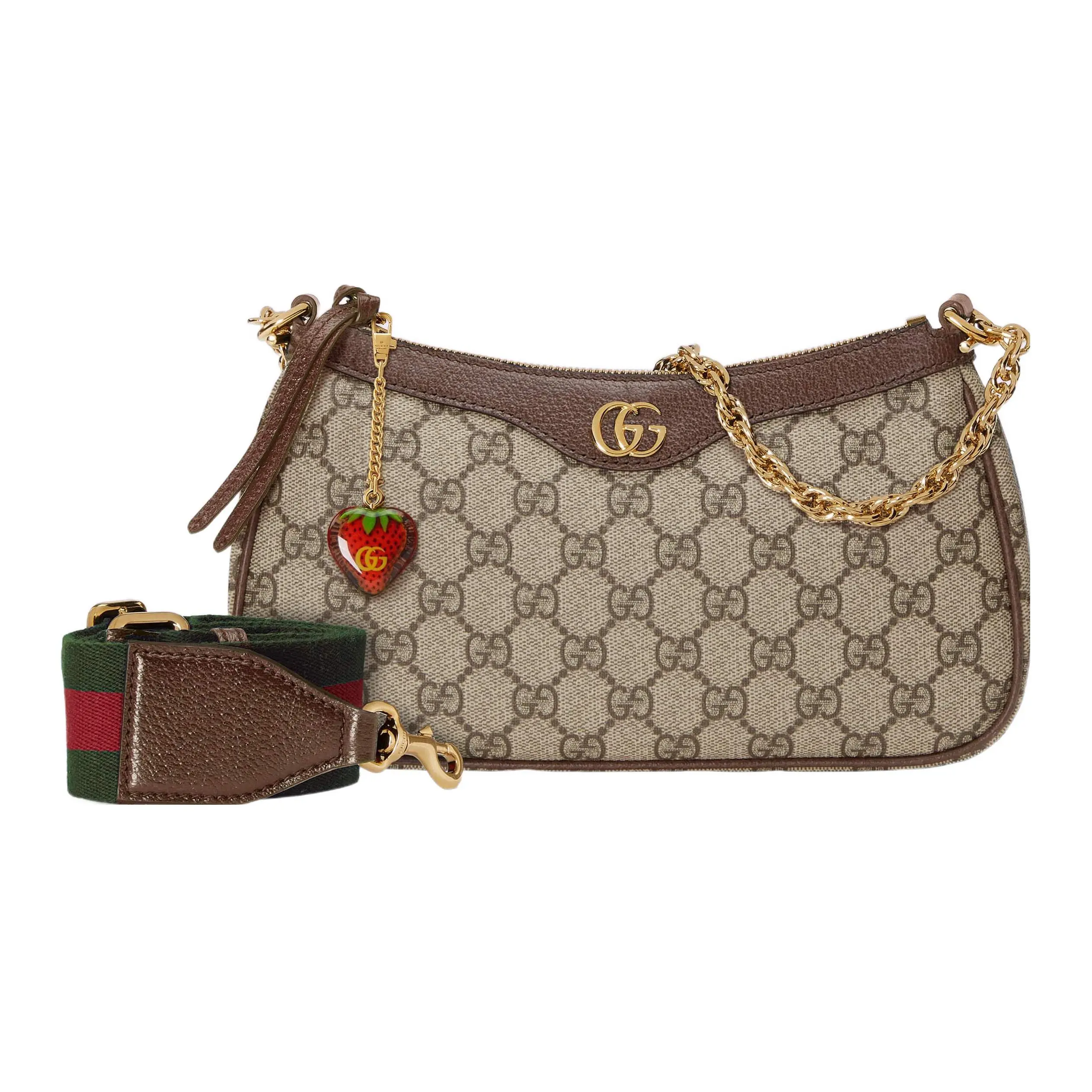 Gucci Ophidia Strawberry Logo Pendant Chain Bag – Women’s Crossbody, Shoulder, and Top-Handle Handbag in Beige GG Canvas and Leather