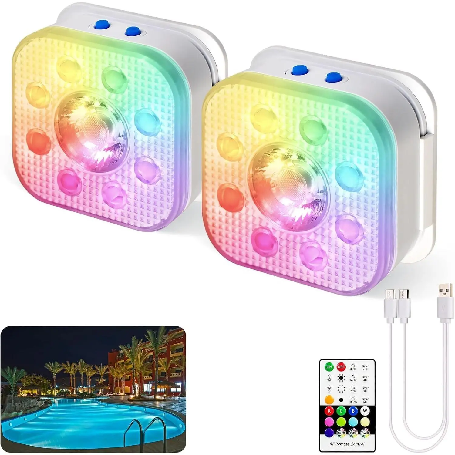 Submersible LED Pool Lights with Remote Control - RGB Rechargeable Floating Light, Waterproof Underwater Spotlight for Above Ground & Inground Swimming Pools, Hot Tubs, Ponds, Fountain Décor (2 Pack)