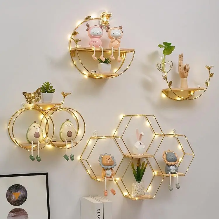 Shelves Wall Decor, Gold Metal Wire and Wood Wall Mounted Storage Shelf Home Decorations Art for Bedroom Living Room Kitchen Bathroom with Installation Package