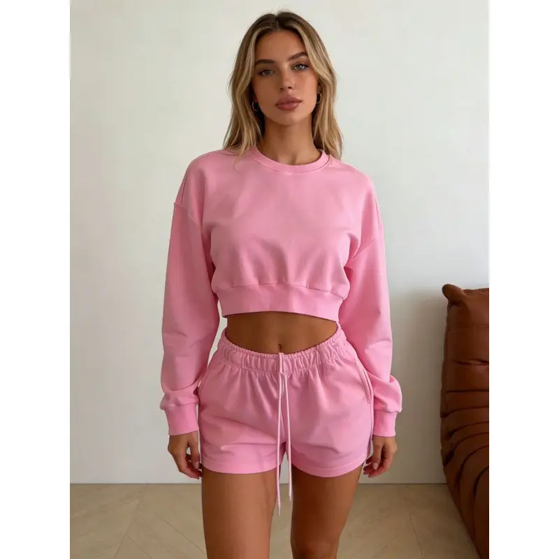 Women's Basic Solid Color Round Neck Long-Sleeved Loose Fit Cropped Sweater Set, Adjustable Comfortable Fabric, Versatile Sports & Outdoor Clothing Set, Elastic
