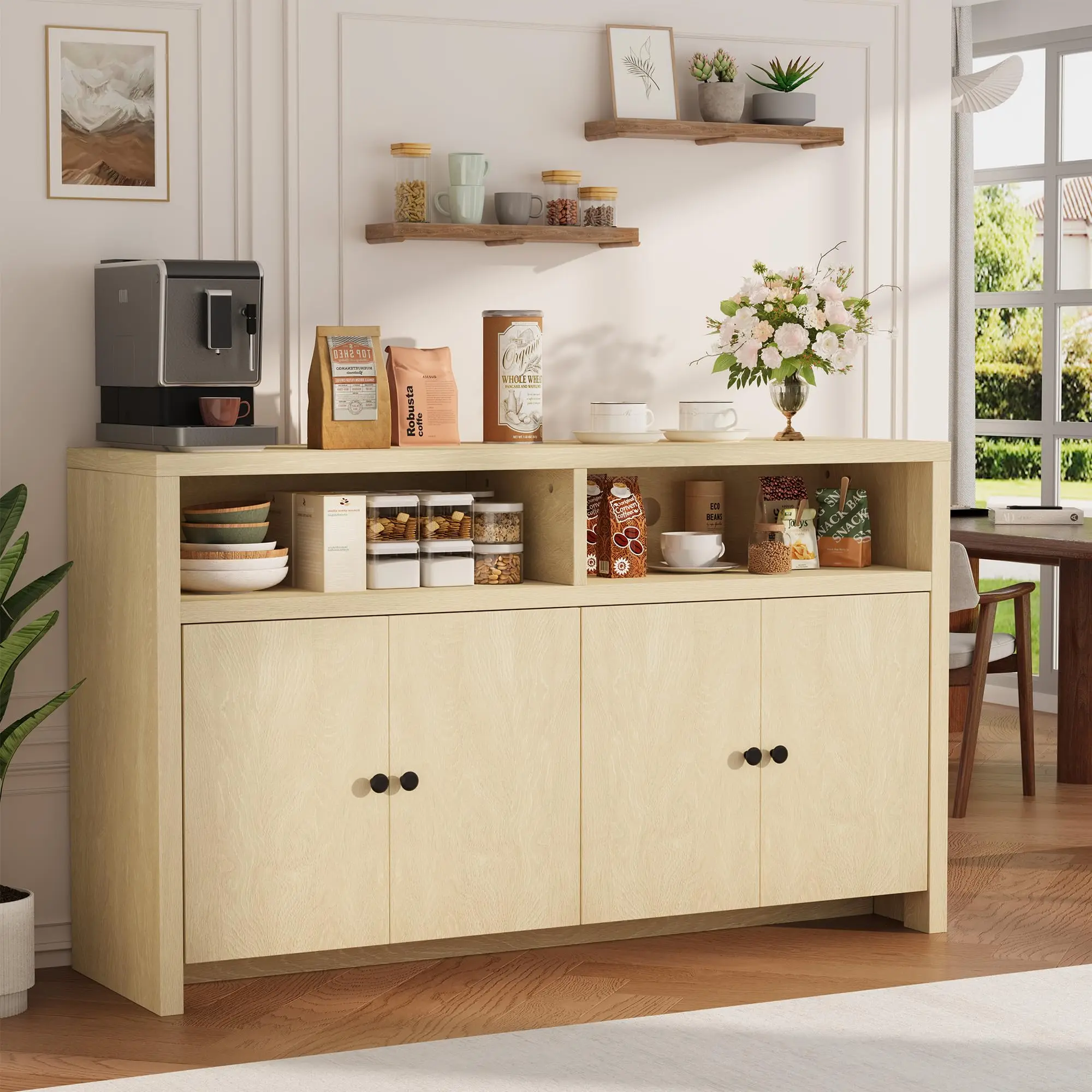 Farmhouse Large Wooden Buffet Sideboard Cabinet Only, 4-Door Coffee Bar with Adjustable Shelves and Ample Storage, Embossed Black Finish for Kitchen, Dining Room and Living Room