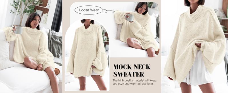 PiePieBuy Womens 2025 Trend Oversized Sweater - Mock Neck Batwing Sleeve Tunic Ribbed Knit Fall Top