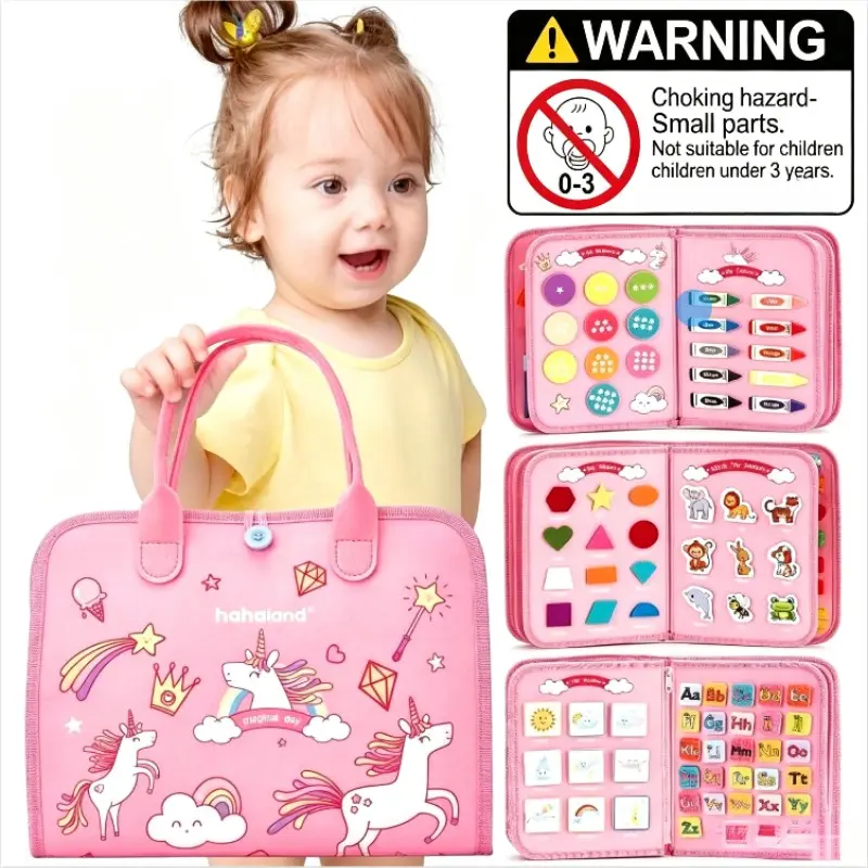 Felt Learning Board Set with Unicorn Design, Portable Interactive Multi-Page Cloth Book for Age 3+, Parent-Child Learning Activities, Visual Learning Tools, Alphabet Learning Chart, School Supplies, Learning Activity Set, Preschool Learning Materials