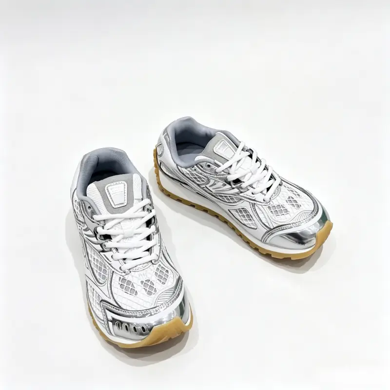 Y2K Metallic Silver Chunky Running Sneakers For Women Men Breathable Hollow Mesh Athletic Walking Trainers Non Slip Gum Rubber Rugged Outsole Vintage Retro Platform Dad Shoes Trendy Streetwear Casual Sport Shoes