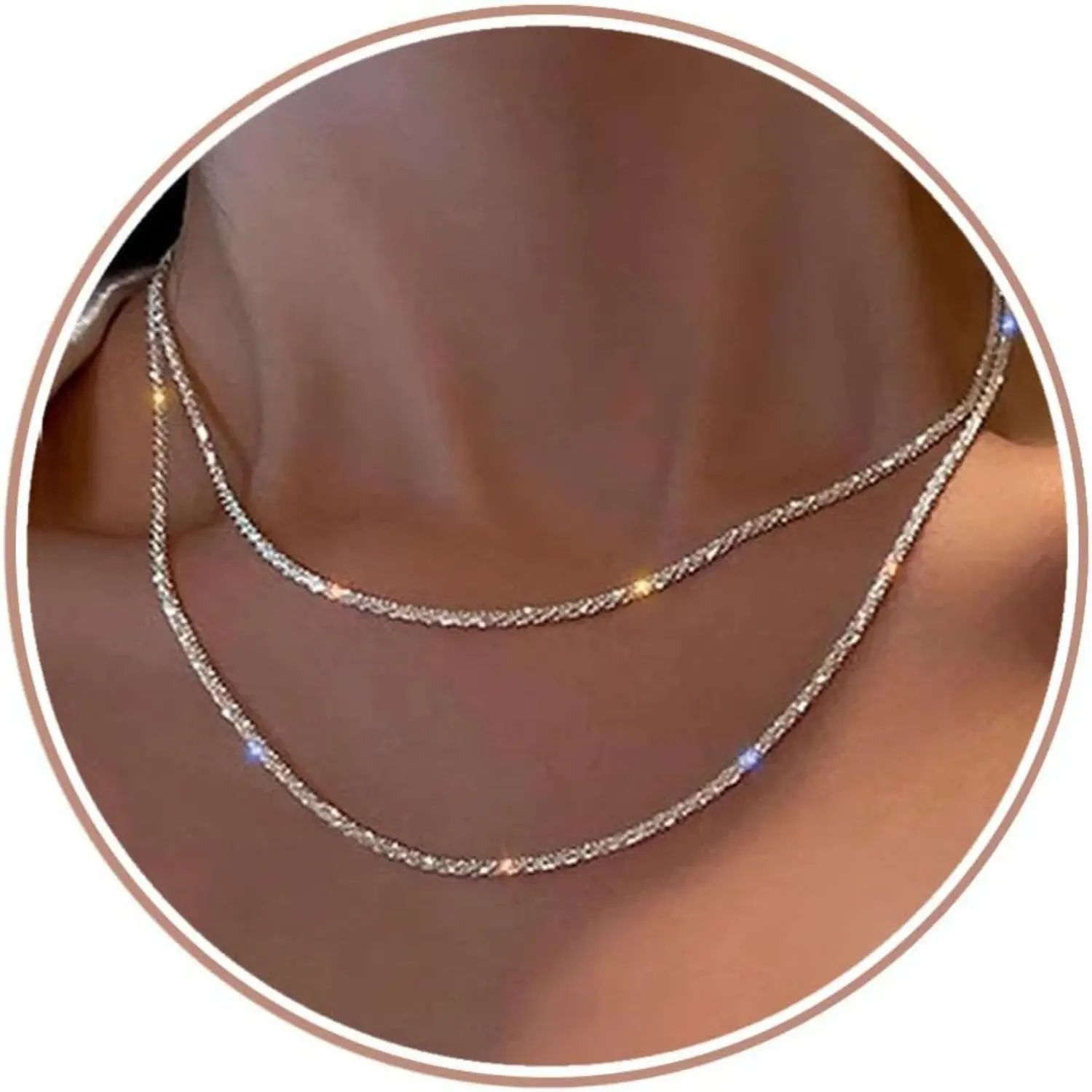 Fansilver 2pc Silver Necklaces Layered Singapore Chain Necklace Sterling Silver Stackable Necklace Shiny Diamond-Cut Popcorn Chain for Women and Girls