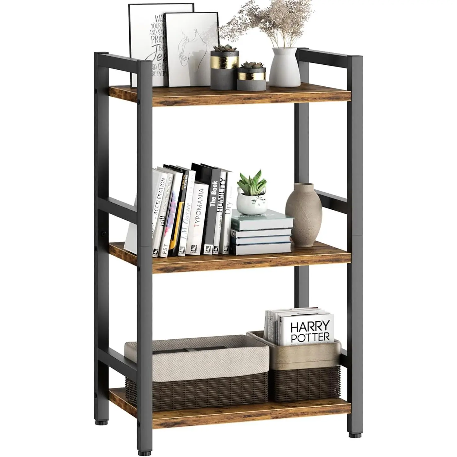 Book Shelf, 3 Tier Bookcase with Steel Frame,  Bookshelf Narrow Book Shelves Storage Organizer for Book CD Movie, Open Book Shelves for Living Room,  Office, Study, Rustic Brown