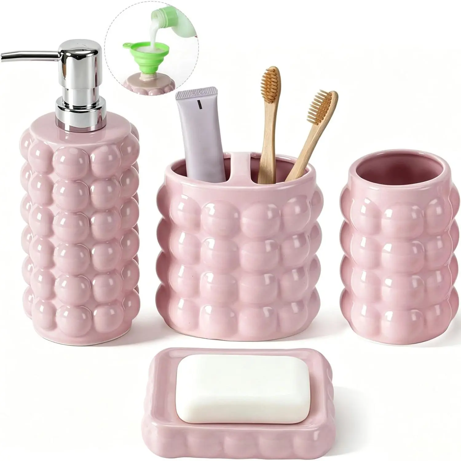 Durable Pink 4-Piece Ceramic Bathroom Vanity Accessory Set - Soap Dispenser, Toothbrush Holder, Tumbler, Soap Dish, Silicone Funnel, Non-Slip Modern Farmhouse Organizer, Wipe Clean, Perfect Housewarming or Wedding Gift for Housewarmings Decor