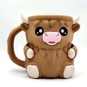 Highland Cow Pattern Ceramic Ice Cream Cup Holder, Reusable Cup Caddy with Built-in Snack Drawer for Home Party Decor