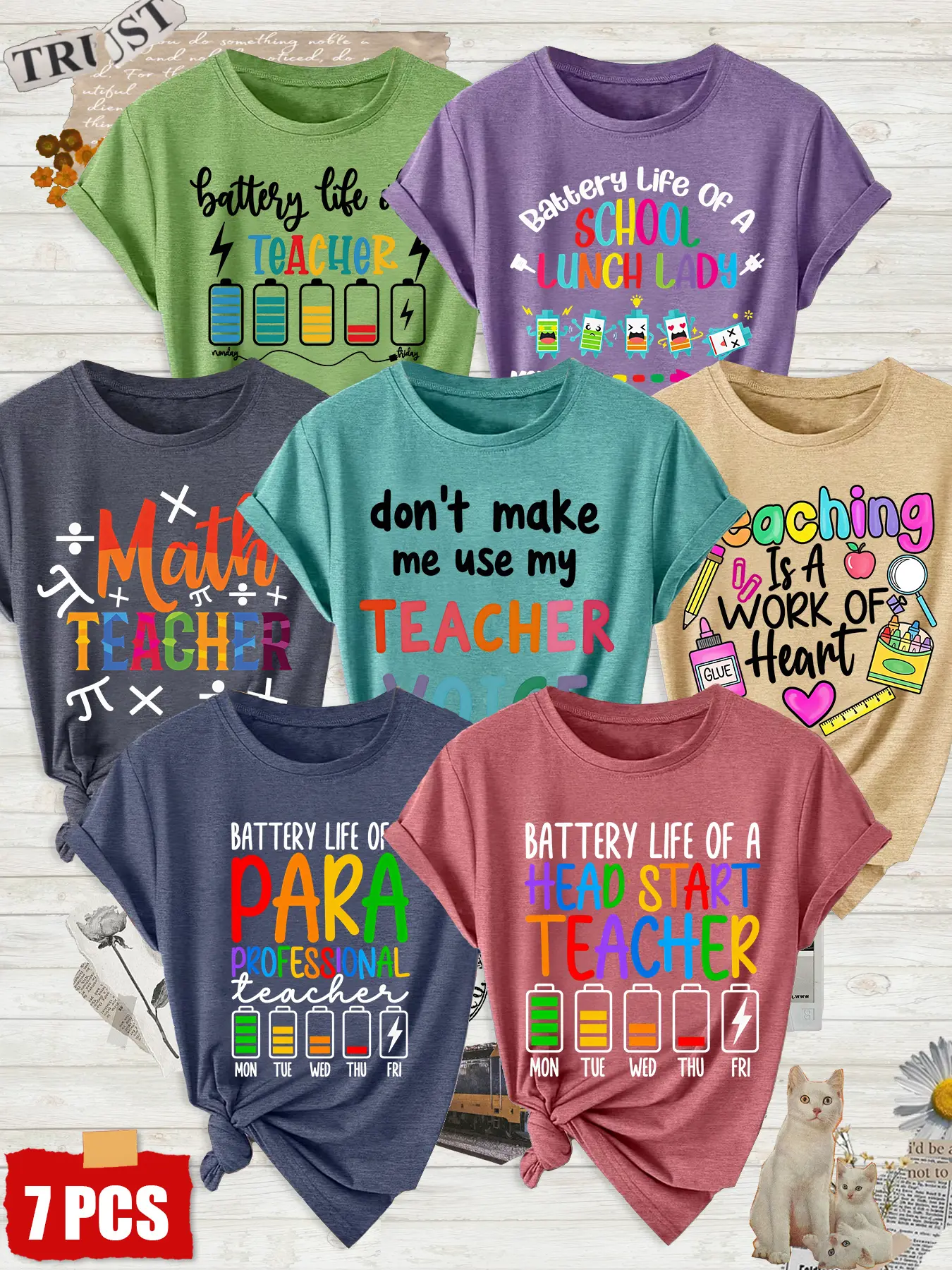 7Pcs Women Crew Neck T-Shirt, Teacher Battery Funny Text Educator Daily Life Print, Multi-color Available, Machine Washable, Soft Skin-friendly Spring Summer Daily Stylish Top