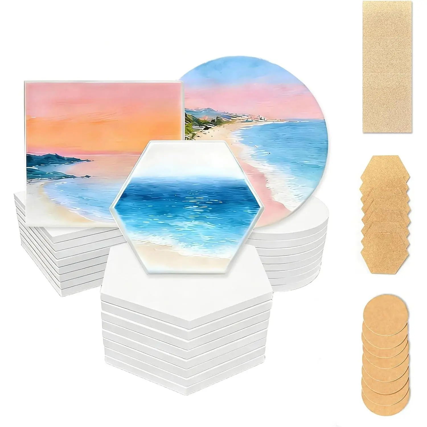 24 Pcs Ceramic Tiles for Crafts (Square, Round & Hexagon), White Unglazed Coaster with Cork Backing Pad, for Christmas Birthday DIY Gift, Alcohol Ink Painting, Acrylic Pouring Art, Decoupage