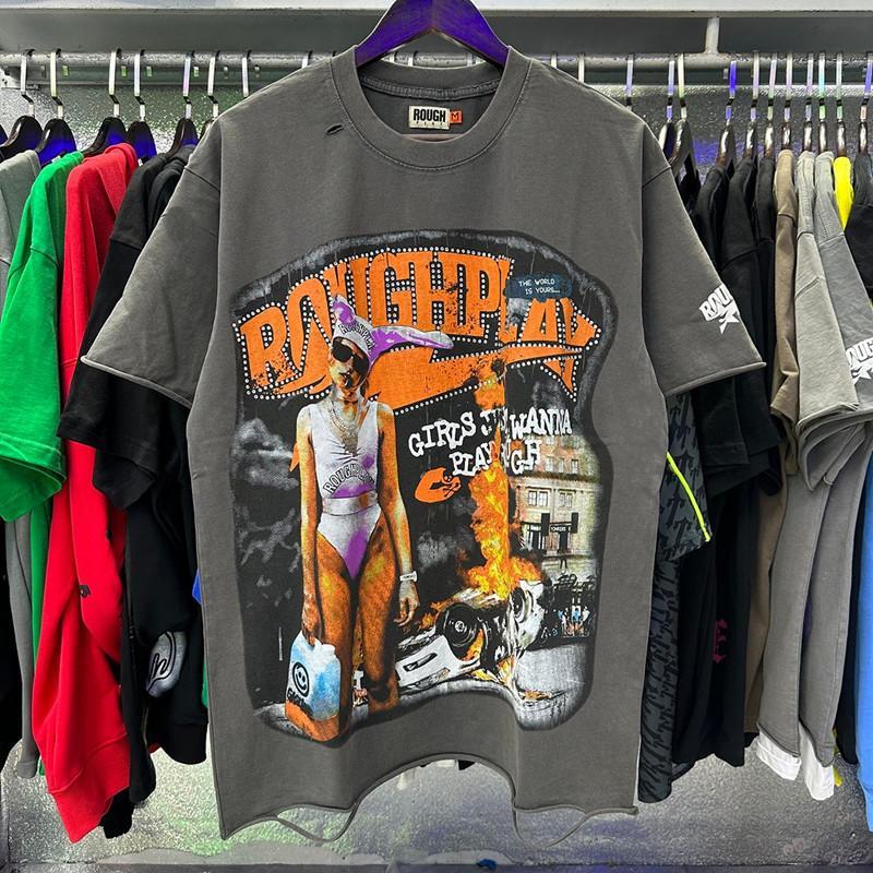 Vintage Washed Roughplay T-Shirt, Heavyweight White Ink Jesus Skull Print, Retro Rockabilly Bling Diamond Patchwork, American Hip Hop Unisex Streetwear Short Sleeve Cotton Tee