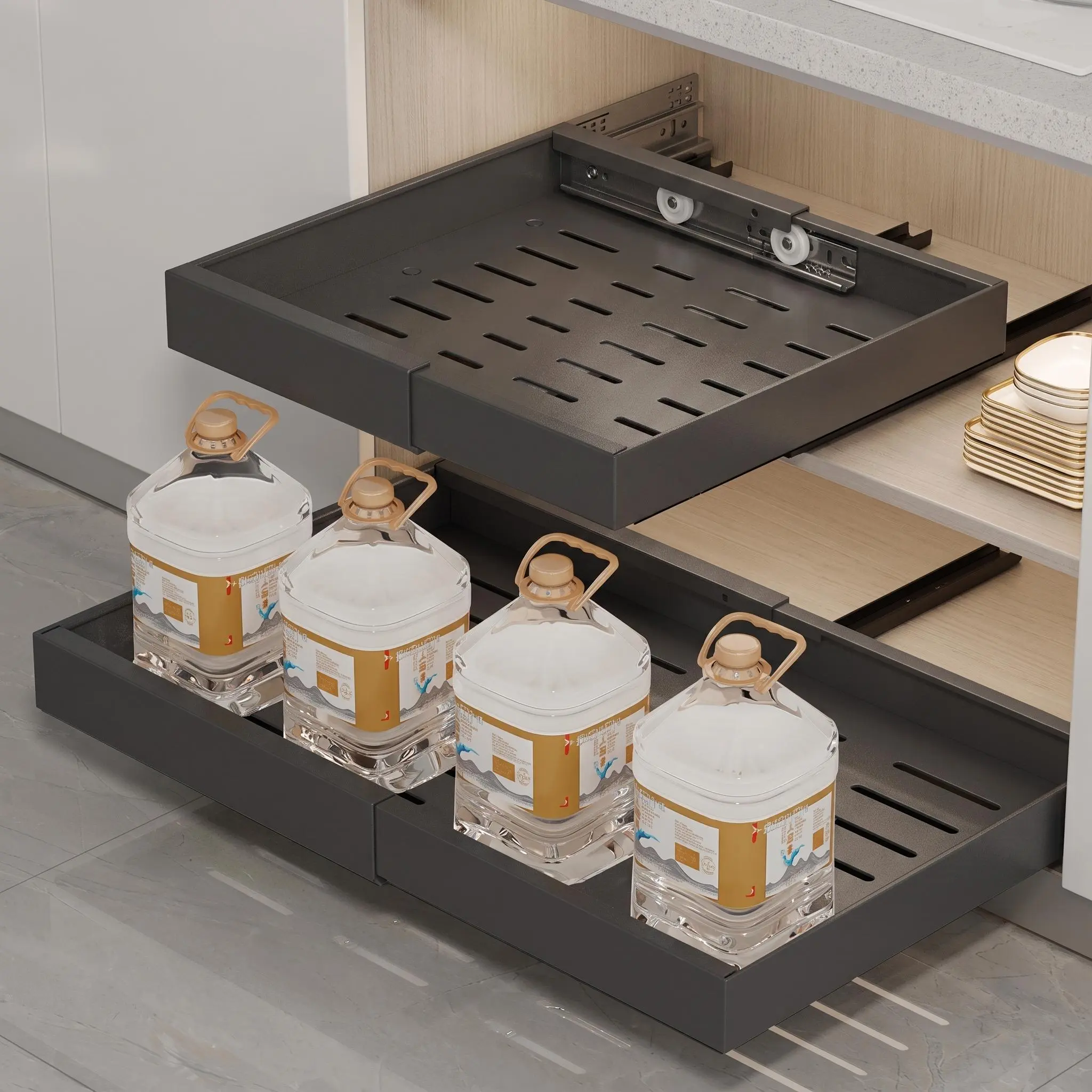 【IdealHouse】Expandable Pull Out Cabinet Organizer, Heavy Duty Adjustable Width Sliding Storage Shelf with Adhesive Mount Design, Slide Out Drawer for Pantry, Bathroom and Under Sink Storage