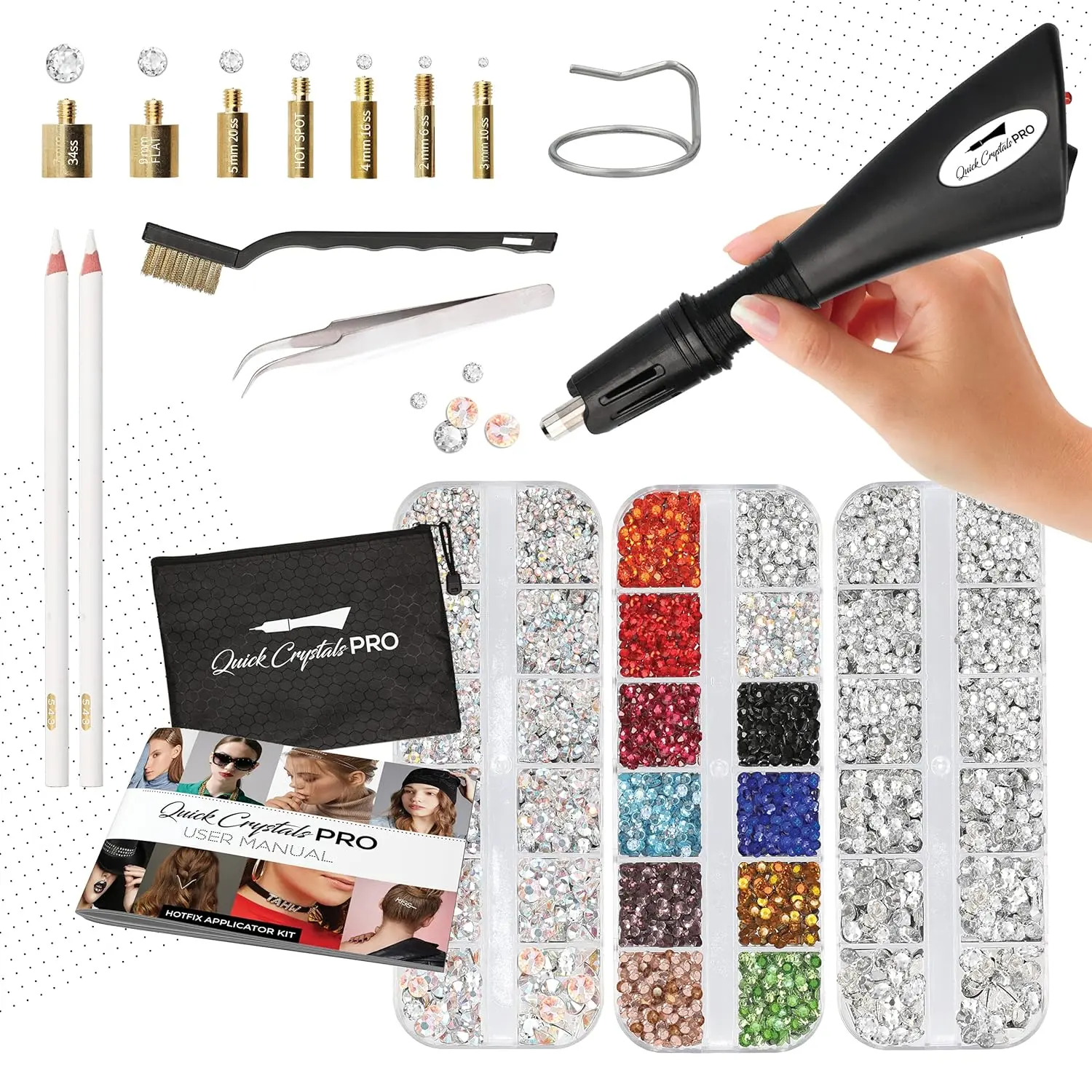 Spark Hotfix Applicator Kit - 4400 Multi-Size AB & Mixed Color Crystal Rhinestones, 7-Tip Wand, Tweezers, Pickers, Safety Stand for Clothing & Accessory Customization