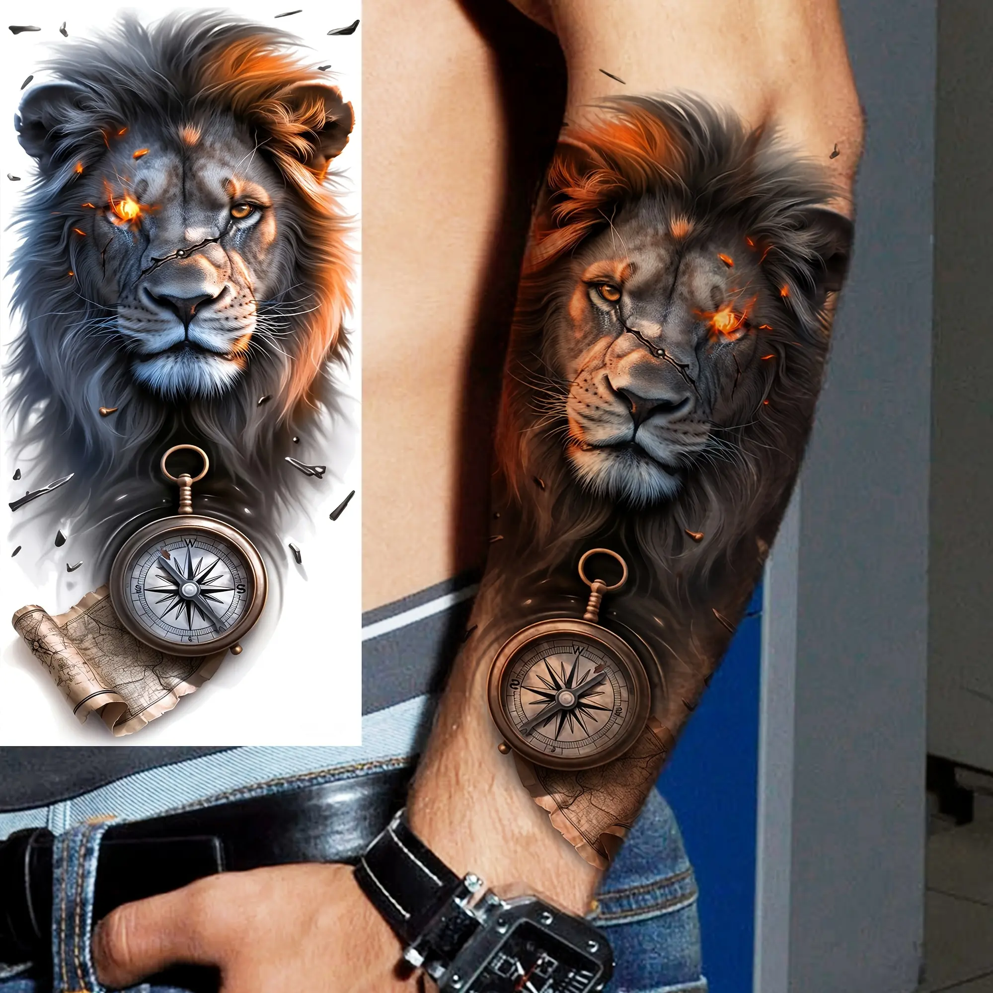 Realistic Look Sheet Tattoo - 1 Lion Compass Map Temporary Tattoo, Wet Then Apply, Waterproof Long-Lasting Stickers for Men & Women, Ideal for Arm, Thigh, Half Sleeve, Leg, Forearm (Sports & Outdoor Accessory)