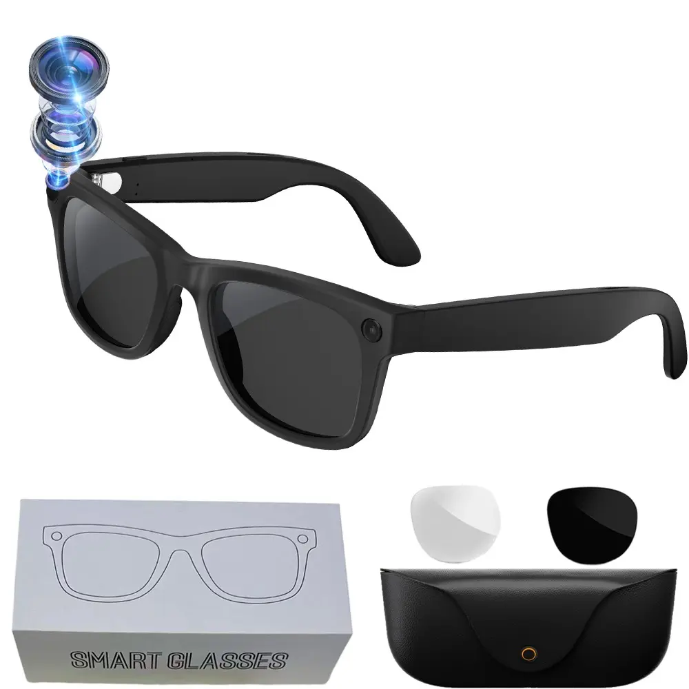 Bluetooth AI Smart Glasses with  Video Recording,8MP Camera, TR90 Frame+Metal Hinge,Leather Charging Case, 2GB Memory , Hands-free Video Recording, 300Mah Battery, IP65 Waterproof, AI Translation, Bluetooth Call, Music Playback ,2 Lenses Total