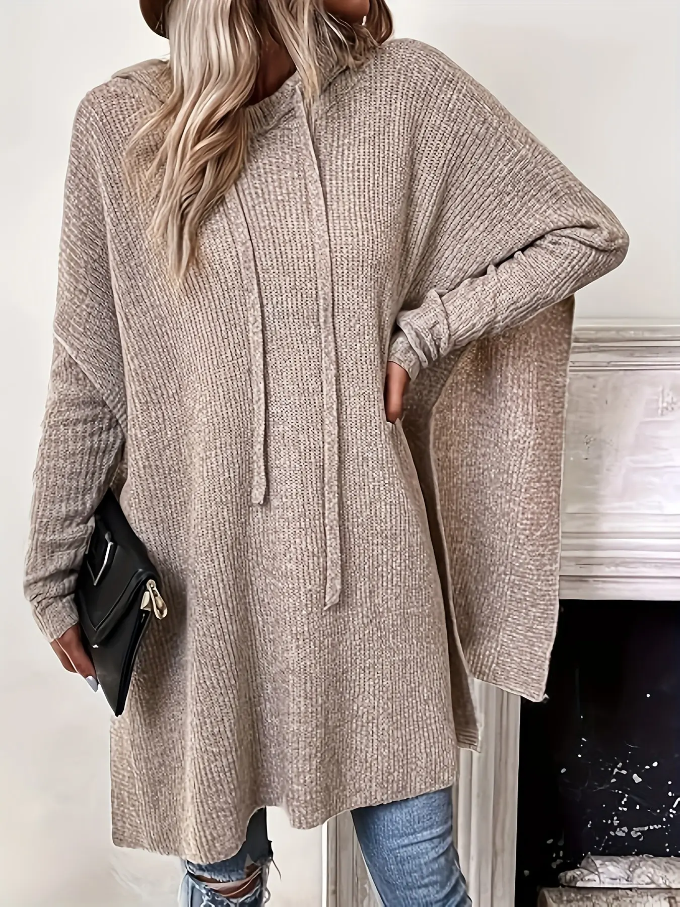 Autumn Winter Plus Size Women's Casual Wear Knit Dress, Hollow Out Coarse Weave Hooded Long Sleeve Drawstring V Neck Mid-Length Sweater Dress