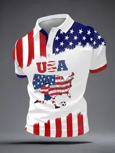 New Arrival Men's Usa Soccer Map Theme Polo Shirt, Outdoor Streetwear Flag Trim Full Print Top, Fashion Versatile Exclusive Design Short Sleeve T-Shirt