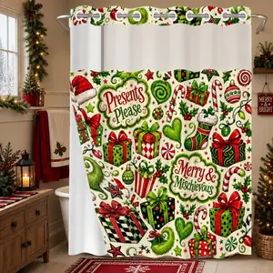 1 Piece No Hook Double Layer Shower Curtain, Beige Background Red & Green Christmas Gift Print Bath Curtain, Waterproof, Mildew Resistant, Durable Fabric, Funny Christmas Home Decor, Removable Liner, Top See-Through Window, Partition Curtain 71"×74"