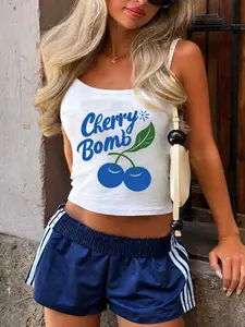 New Summer Tank Top with Letter Print, Blue Cherry Fruit Pattern, Y2K Style, Loose-Fit, Casual, Comfortable, All Seasons