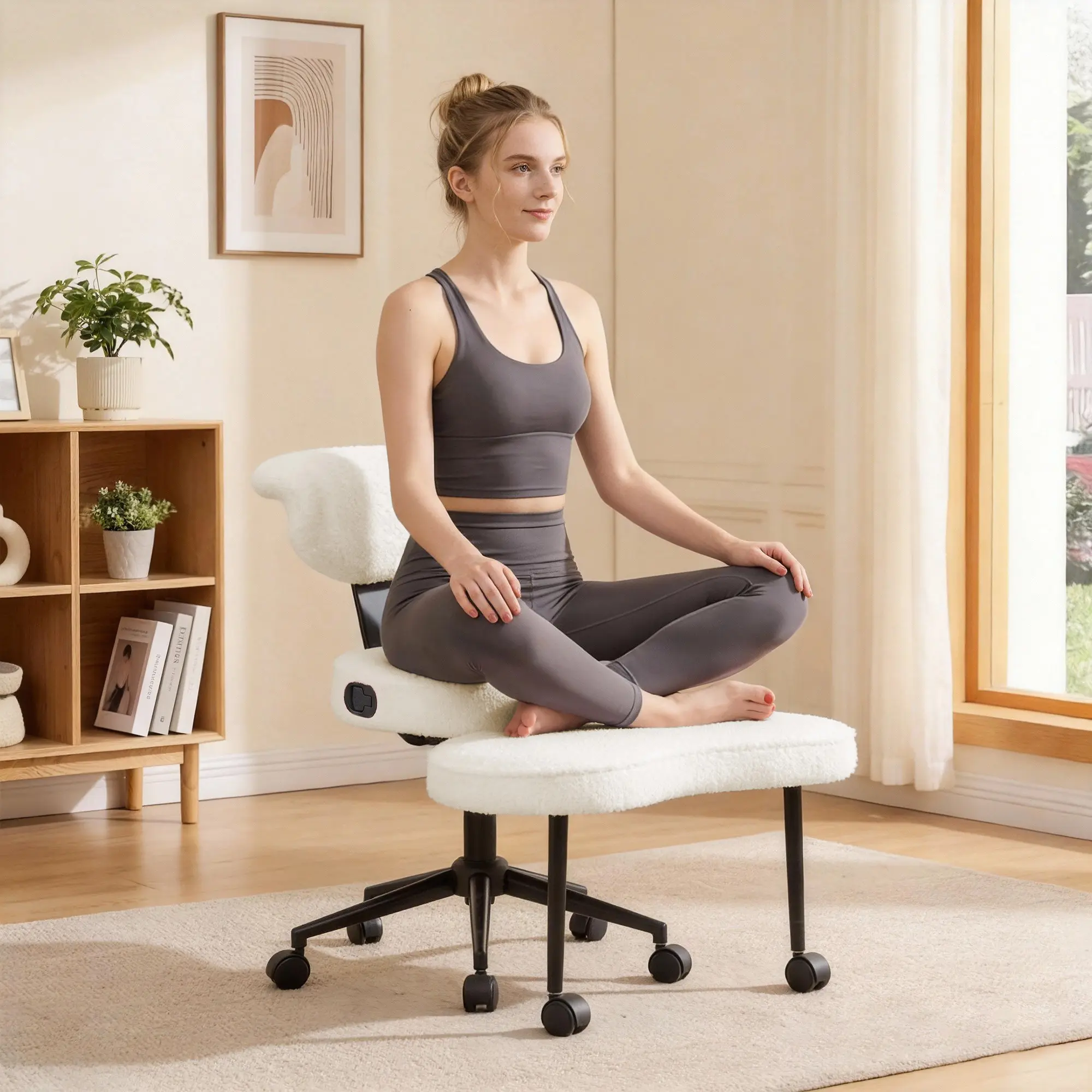 Adjustable Height Cross-Legged Meditation Chair, Ergonomic 360° Swivel Yoga Leisure Desk Chair with Rolling Wheels, Comfort Criss Cross Seat for Office and Indoor Relaxation