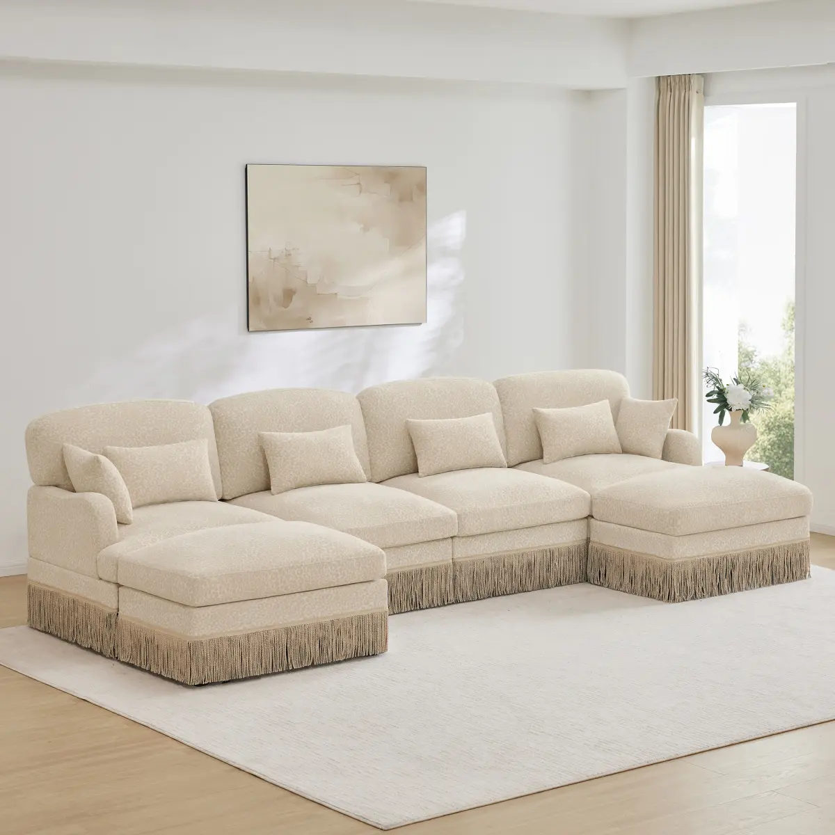 Aobtkel 131" Beige Chenille Leopard Print Ergonomic U-Shaped Sectional Sofa Set - Contoured Back, Radius Arms, Tassel Trimmings, Movable Ottomans, Deep Seat, Cushions, Modern, Easy Assembly/Movement, Comfy Couch for Living Room