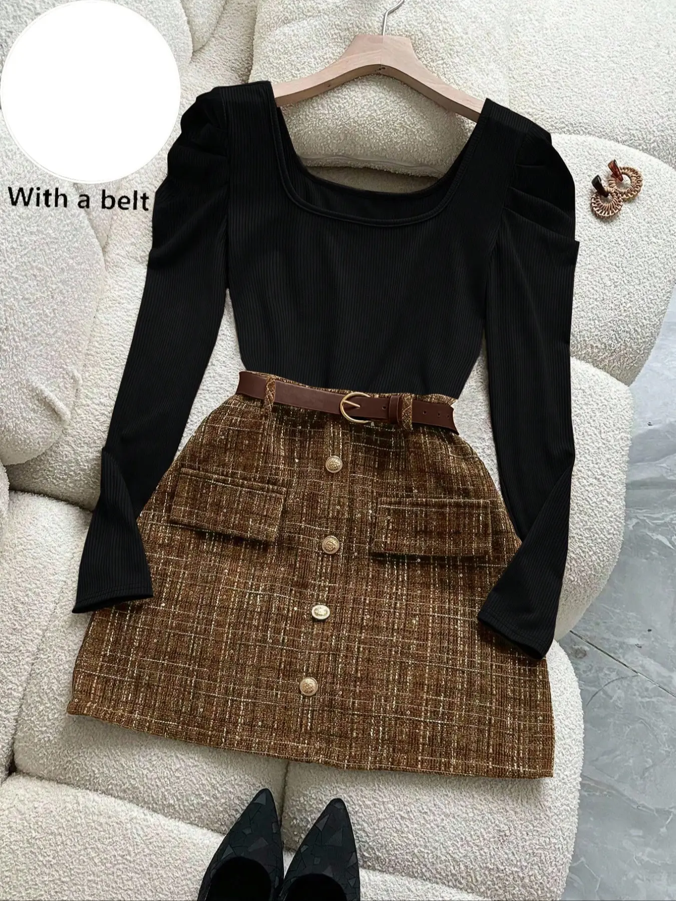 Trendy Casual Basic Square Neck Ruched Long Sleeve Elastic Knit Top + Rhinestone Belt Gingham Short Skirt Set, 2 Piece Women Clothes