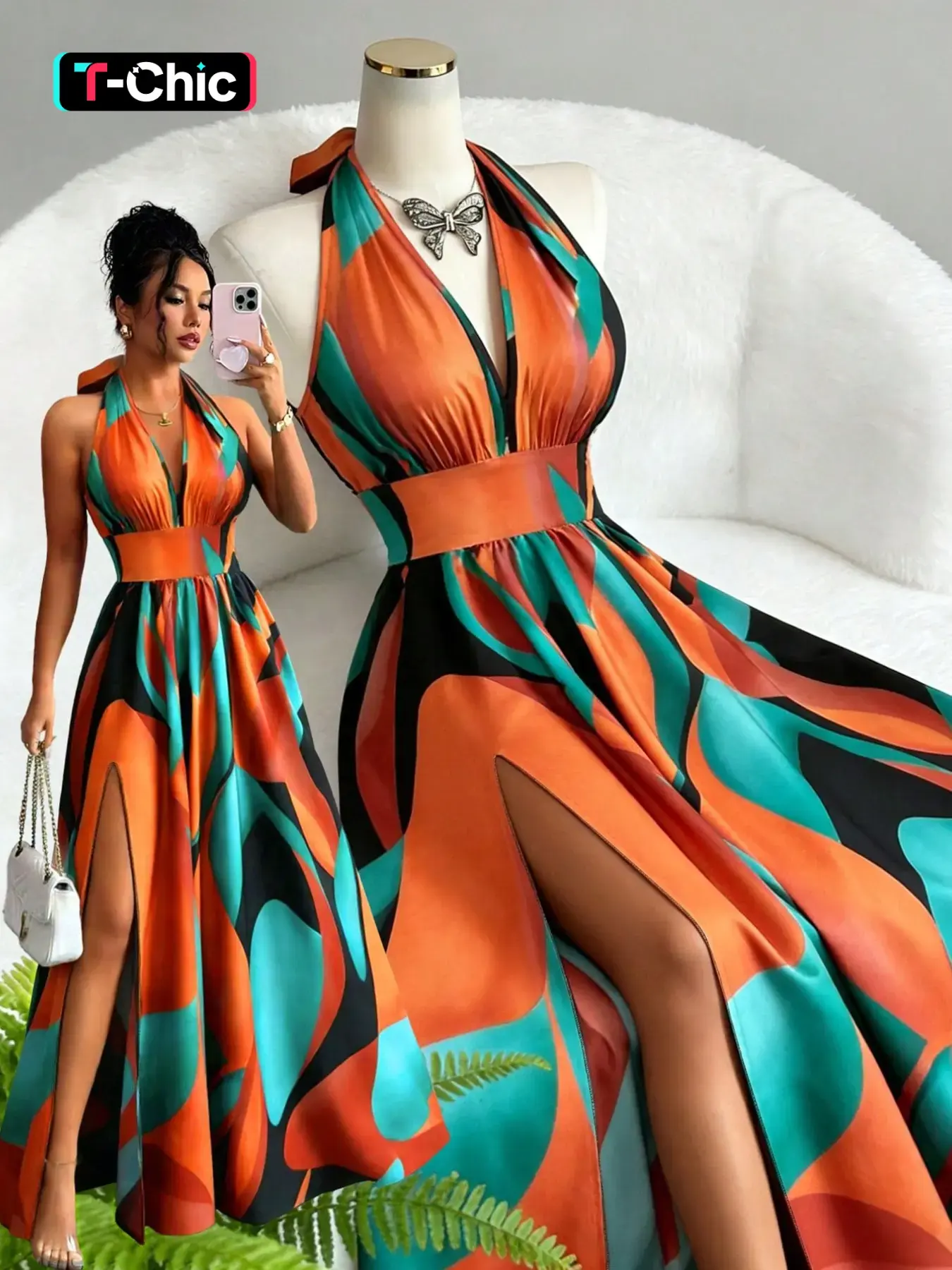 New French Style Elegant Casual Sexy Fashion High-End Design V Neck Halter Waist Cinch Backless A-Line Split Sleeveless Long Dress Backless Print Dress