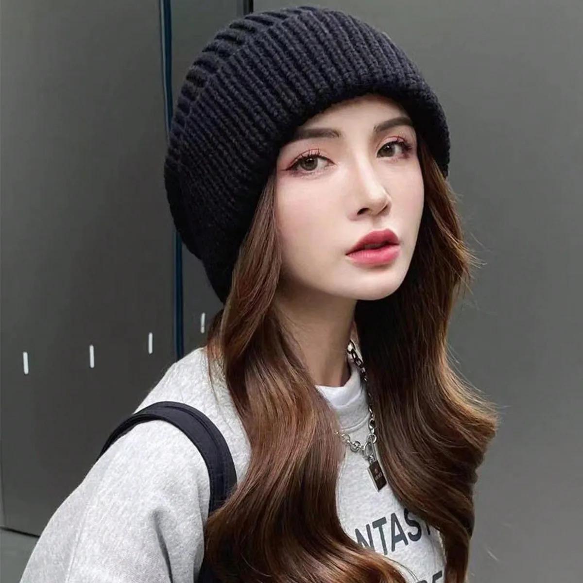 Women Style Solid Color Thick Knit Pile Hat, Knitted Hat for Fall and Winter, Warm and Ear Protection, Loose and Casual Cold Hat