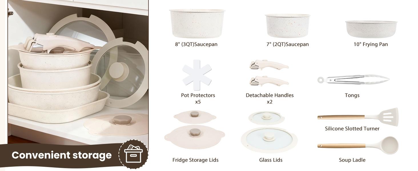 Nonstick Ceramic Cookware Set 20-Piece - Pots and Pans Set with Detachable Handle - RV Stackable Kitchen Cooking Set, Induction/Dishwasher/Oven Safe, with Frying, Cream White