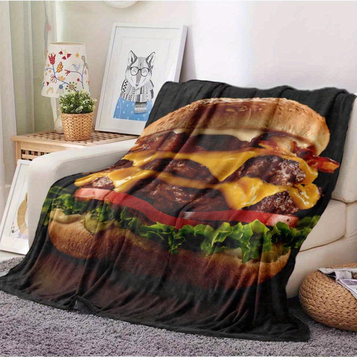 1 Piece Throw Blanket - Soft and Lightweight, Suitable for All Seasons, Hamburger Pattern, Black Background - Ideal for Living Room, Bedroom, Nap Time - Ideal Gift for Food Lovers and Hamburger Enthusiasts - Modern Home Decor, Vibrant Colors