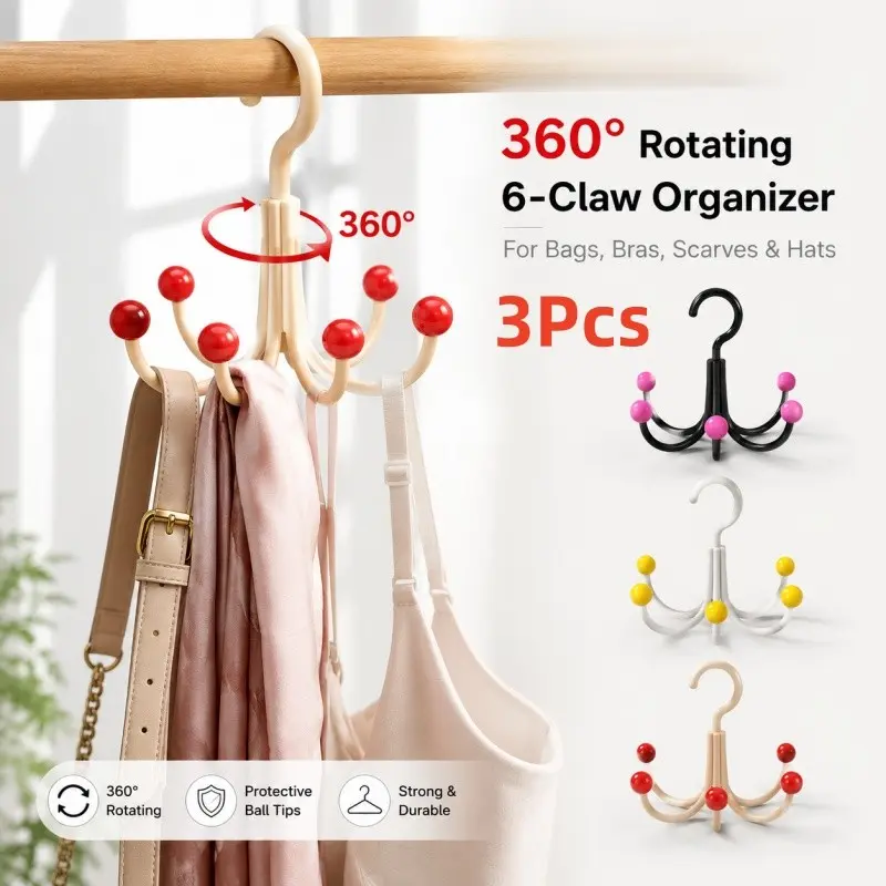 3 Pack 360° Rotating 6-Claw Closet Organizer Hooks, Multi-Purpose Hanger for Bags Bras Scarves Belts Hats, Space-Saving Wardrobe Storage