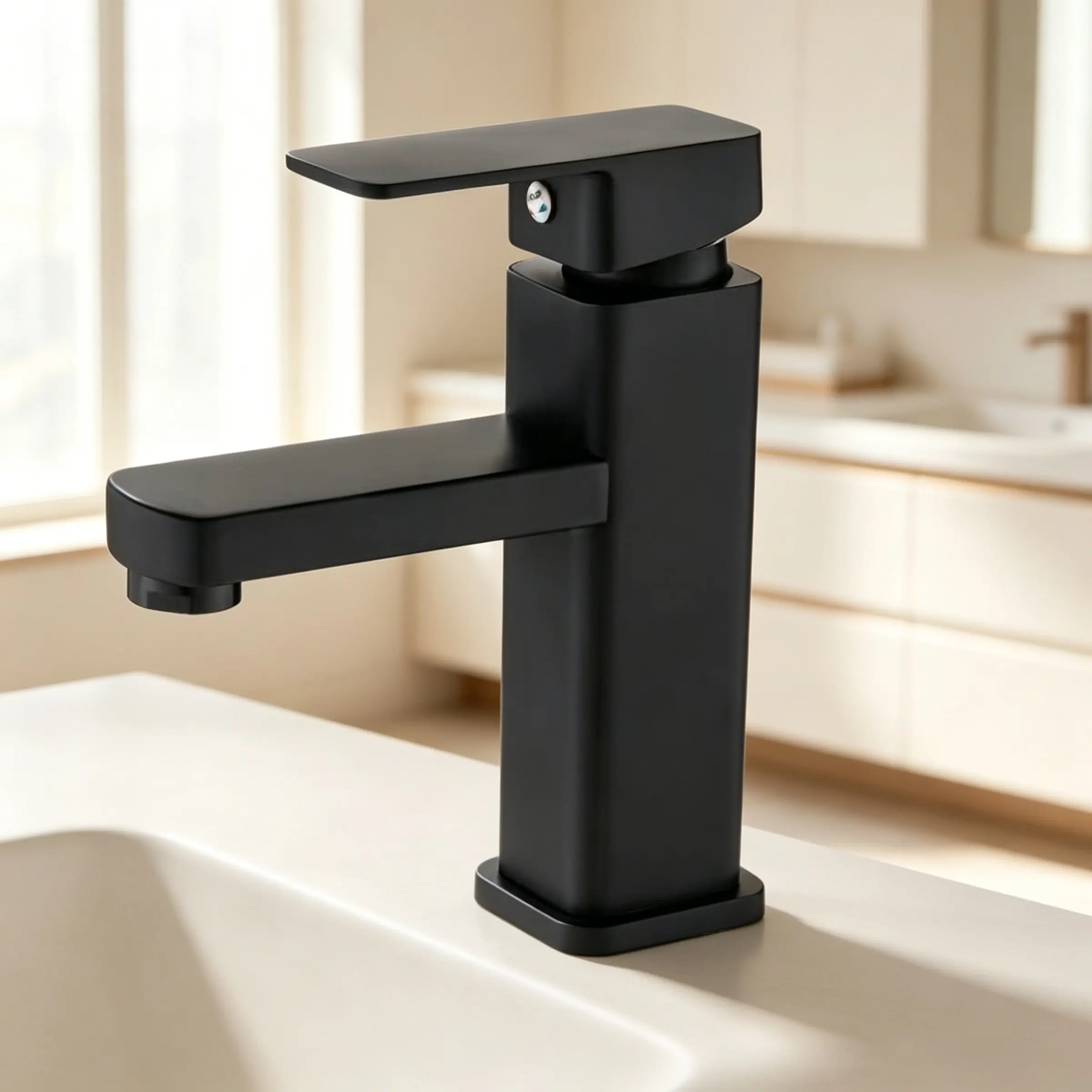 1 Pcs Black Stainless Steel Basin Faucet, Square Minimalist Style, Single Hole Single Handle Hot & Cold Water Mixer Tap for Household Bathroom Wash Sink General Use