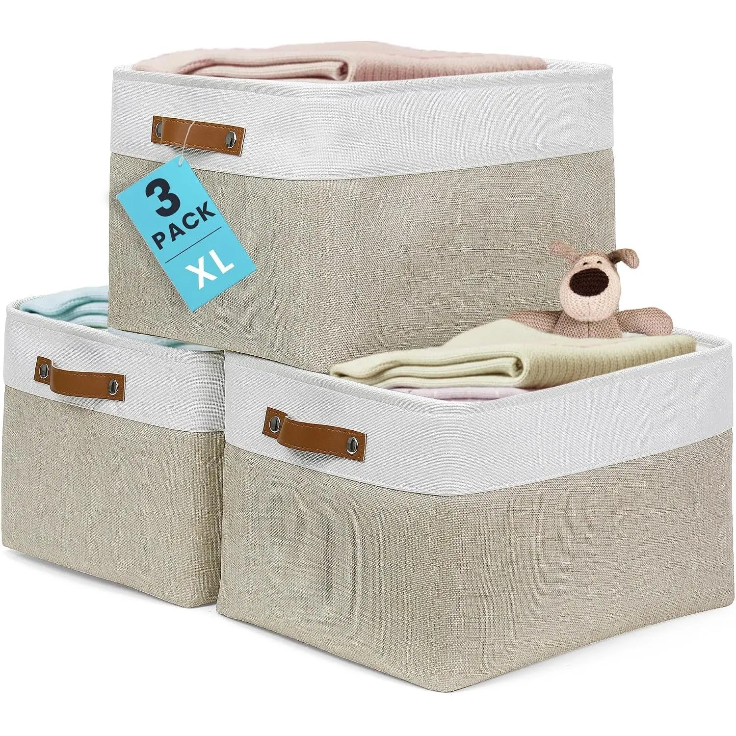16x12.5in Canvas Storage Baskets 3 Pack | EXTRA LARGE Fabric Bins for Shelves | Linen Closet Organizer | Beige/Off-White