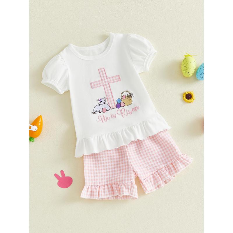 Toddler Baby Little Girls Easter Outfits Cross Animal Embroidery Short Sleeve T-Shirt and Plaid Shorts Set 3M-3Y