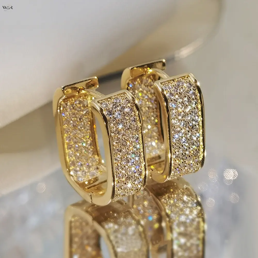 Rectangular Full Pave Cubic Zirconia Huggie Hoop Earrings for Women, 16*6mm Chunky Square U-Shape Click Hoop Earrings, 6 Color Gold Rose Silver Black Pink Crystal Minimalist Sparkly Pierced Ear Jewelry