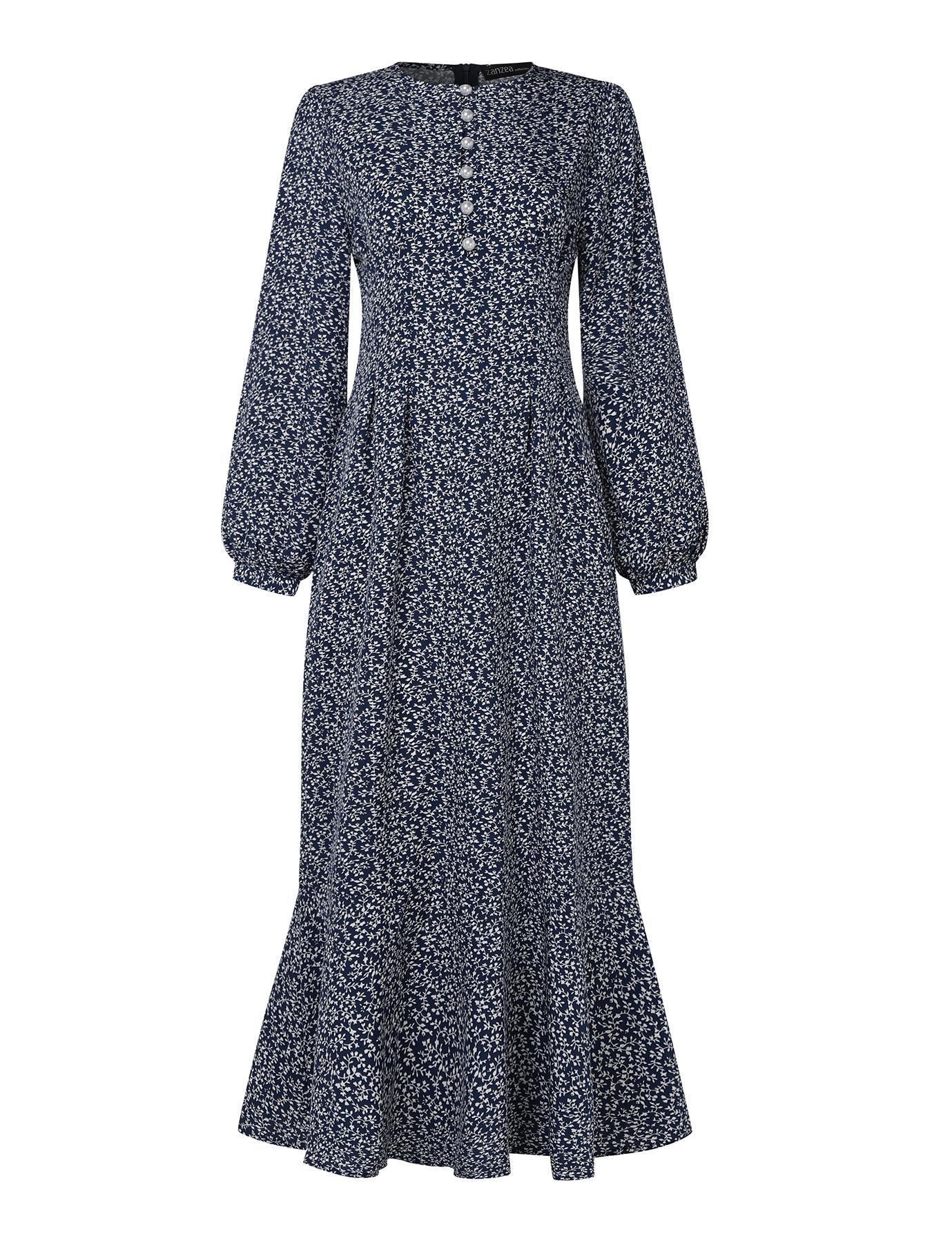Women's Ditsy Floral Print Button Front Bishop Sleeve Ruffle Hem Flowy Long Dress, Casual Islamic Modest Style Clothing Modesty Wear Muslim Dress for Daily Wear Long Sleeve Dresses